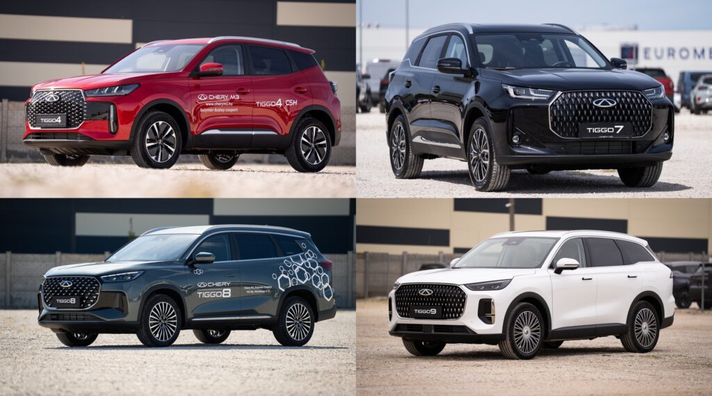 Chery modellcsalád: Tiggo 4, Tiggo 7, Tiggo 8 és Tiggo 9 modellek egy képen.