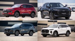 Chery modellcsalád: Tiggo 4, Tiggo 7, Tiggo 8 és Tiggo 9 modellek egy képen.