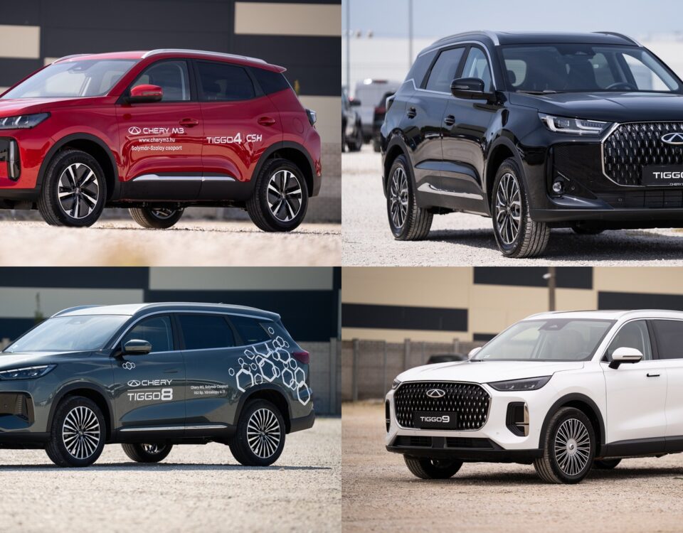 Chery modellcsalád: Tiggo 4, Tiggo 7, Tiggo 8 és Tiggo 9 modellek egy képen.